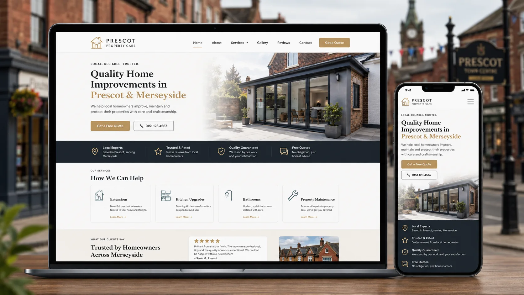 Example of a professional home improvement website designed for a Prescot business, shown on a laptop and mobile with Prescot town centre behind