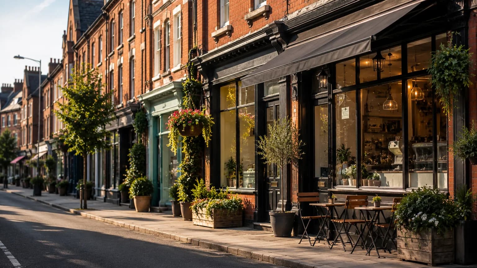 Independent shopfronts on a red brick Liverpool street in morning light
