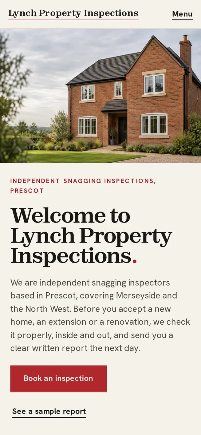 The Lynch Property Inspections homepage on a phone