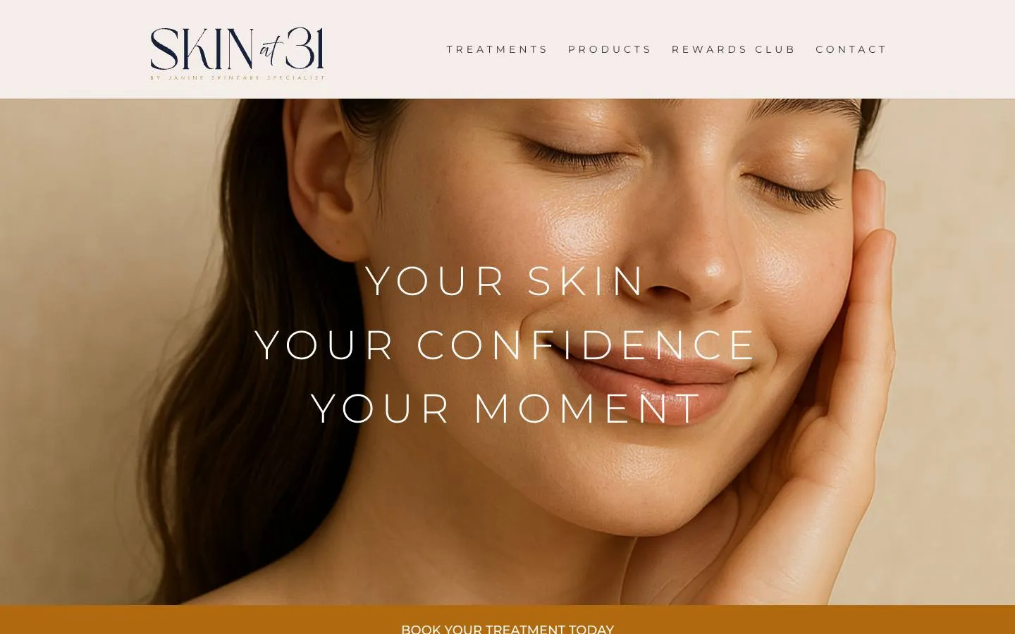 The previous Skin at 31 website: a single page with a close up face and the words Your skin, your confidence, your moment