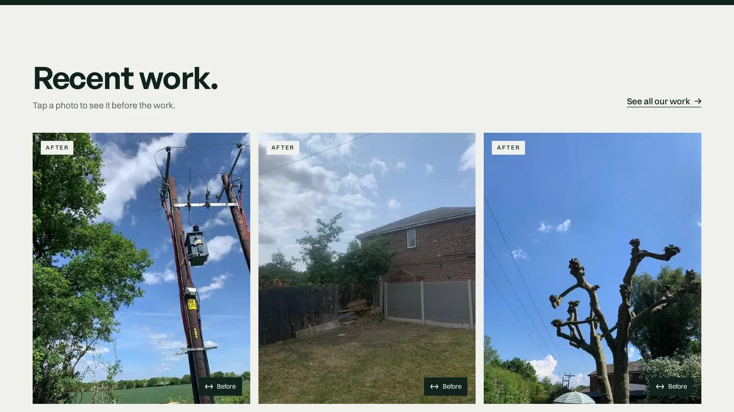 Recent jobs, each photograph showing the after shot with a button to see the before