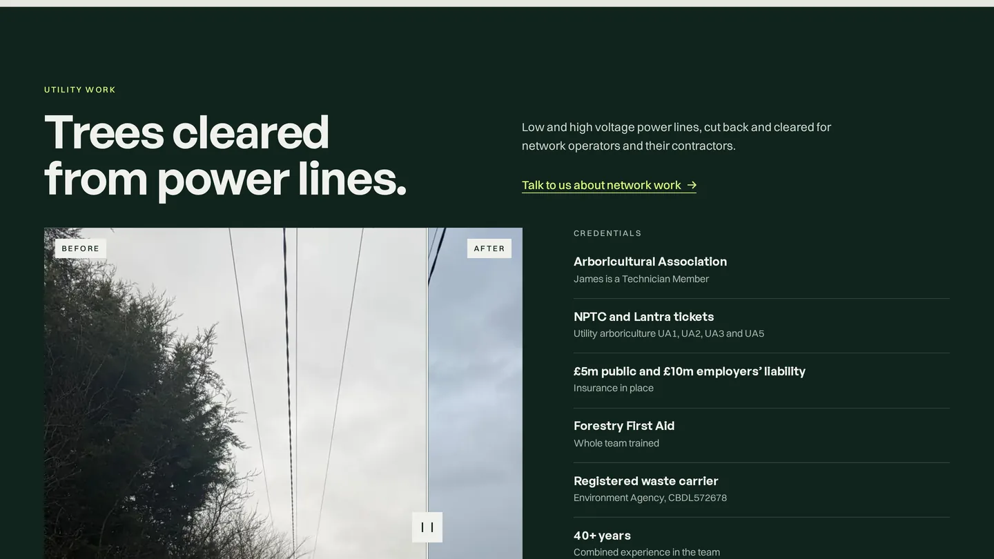 The utility work section, with a before and after slider of a high voltage line and the team's credentials